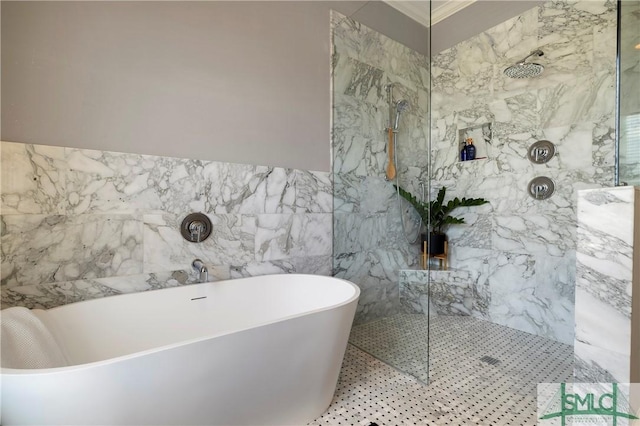 bathroom with shower with separate bathtub, ornamental molding, and tile walls