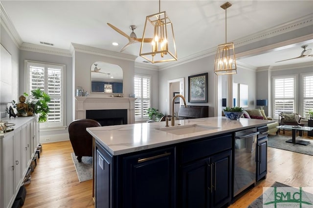 kitchen with a center island with sink, light wood-type flooring, sink, and a wealth of natural light