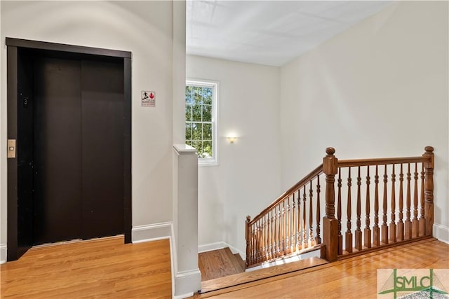 staircase featuring elevator and wood-type flooring