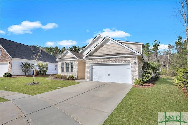 view of front of home with a garage and a front lawn