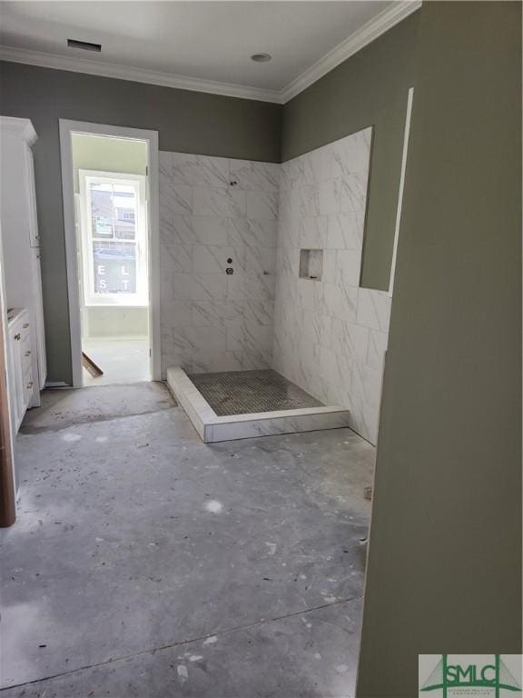 bathroom with ornamental molding and walk in shower