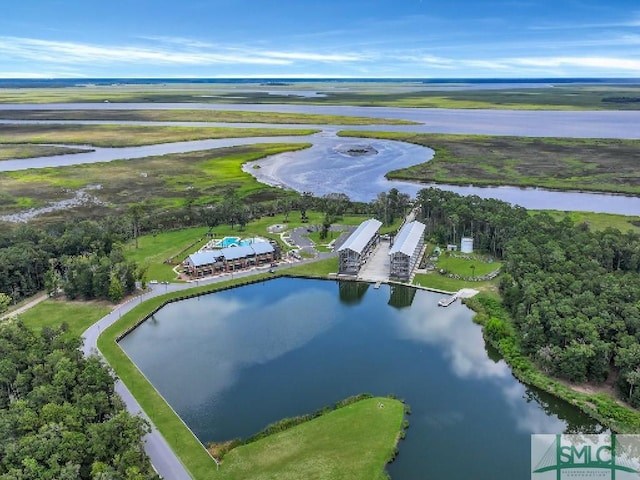 drone / aerial view featuring a water view