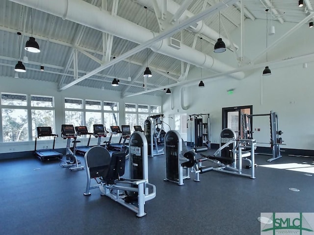 exercise room featuring high vaulted ceiling