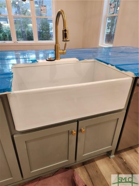 interior details with light wood finished floors, a sink, and gray cabinetry