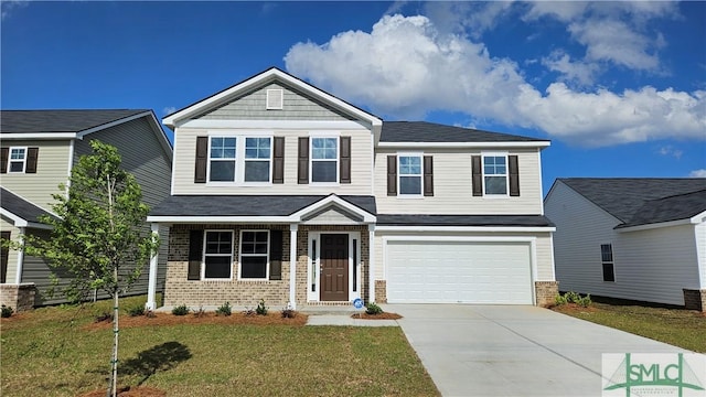 craftsman-style home with driveway, an attached garage, a front yard, and brick siding