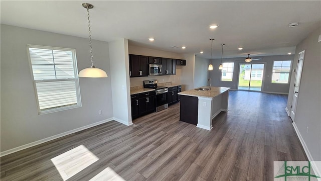 kitchen featuring baseboards, open floor plan, dark wood-style flooring, stainless steel appliances, and a sink