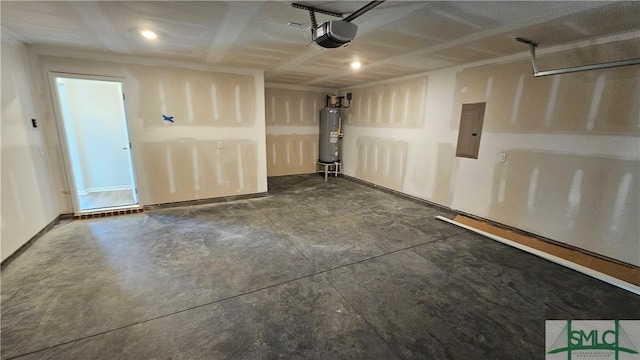 garage with electric panel, a garage door opener, and water heater