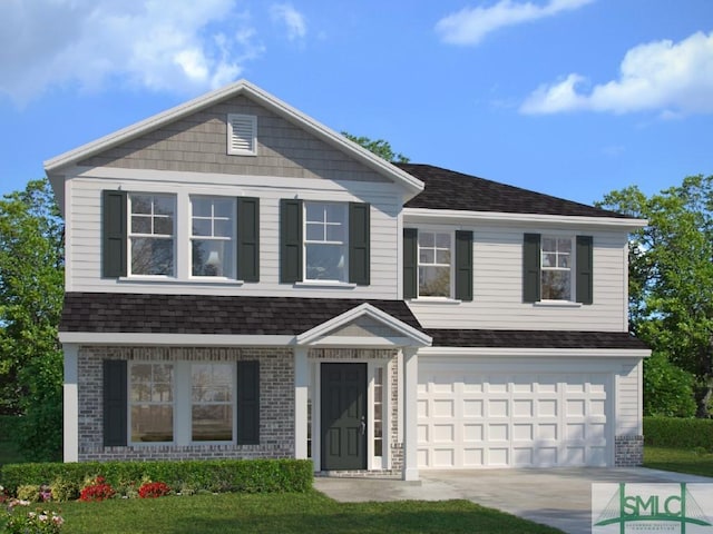 view of front of property featuring a garage and a front lawn