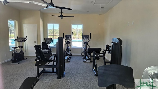 150 Cross Creek Dr, Pooler, GA 31322 - exercise room with healthy amount of natural light, baseboards, attic access, and dark colored carpet