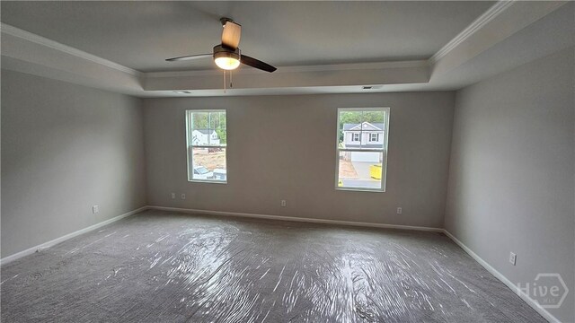 150 Cross Creek Dr, Pooler, GA 31322 - spare room with crown molding, ceiling fan, a raised ceiling, and baseboards