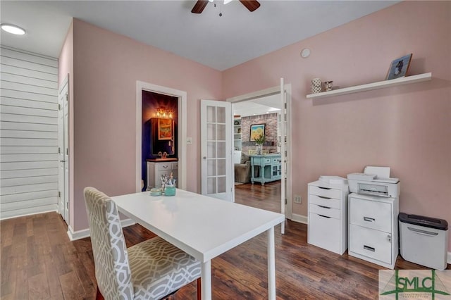 home office with french doors, baseboards, dark wood finished floors, and a ceiling fan