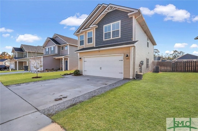 view of front facade with central AC, a garage, and a front lawn