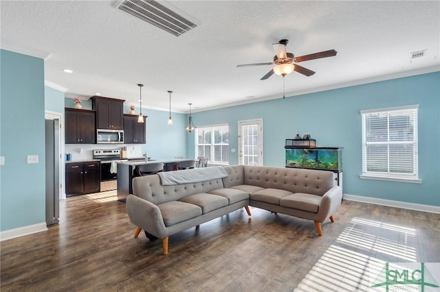 living room featuring dark hardwood / wood-style flooring, ornamental molding, a textured ceiling, ceiling fan, and sink