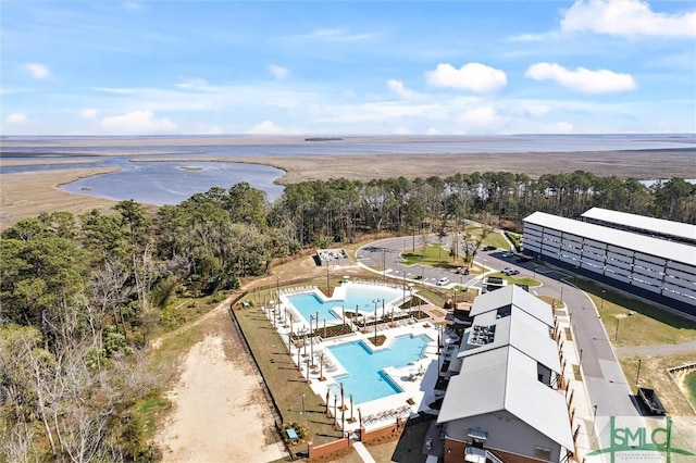 drone / aerial view featuring a water view