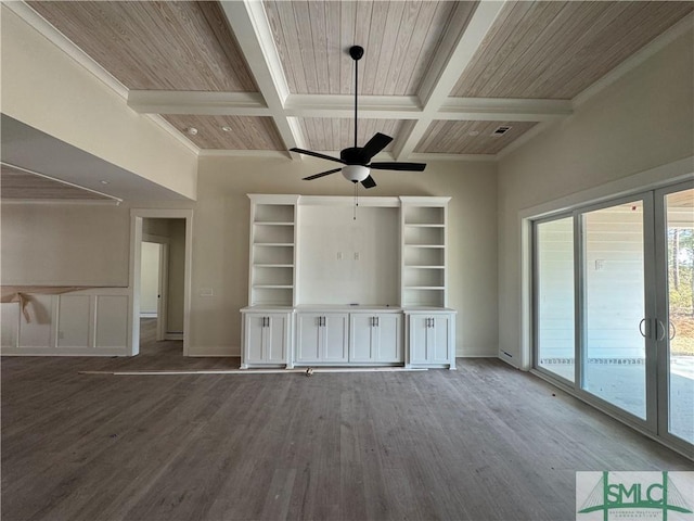 unfurnished living room featuring hardwood / wood-style flooring, ceiling fan, coffered ceiling, wooden ceiling, and beamed ceiling