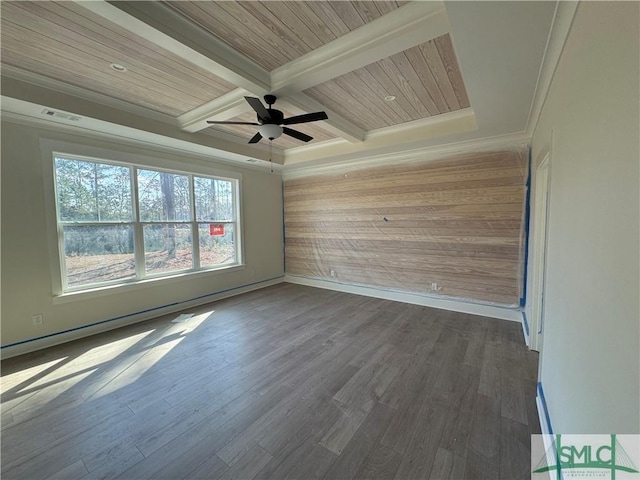 empty room featuring beamed ceiling, ornamental molding, coffered ceiling, ceiling fan, and dark wood-type flooring