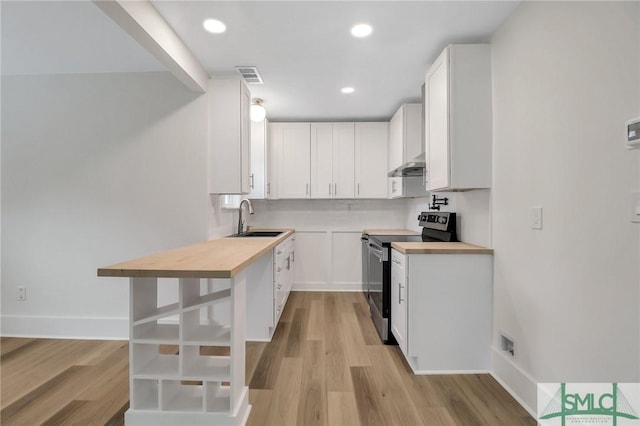 kitchen featuring light hardwood / wood-style flooring, white cabinetry, stainless steel electric range oven, and sink