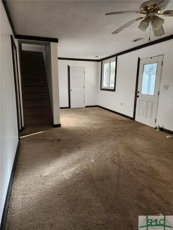 interior space with carpet, a textured ceiling, and ornamental molding