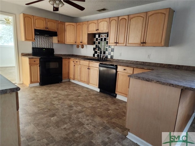 kitchen featuring light brown cabinetry, sink, ceiling fan, and black appliances