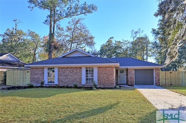 ranch-style house with a garage and a front lawn