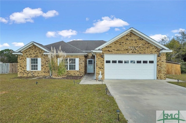 ranch-style house featuring a garage and a front yard