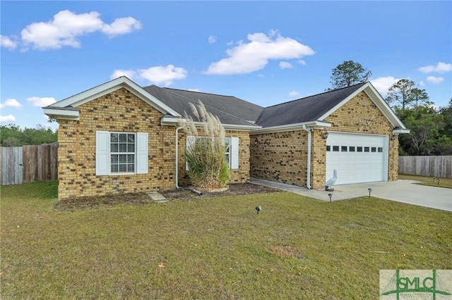 single story home featuring a garage and a front lawn