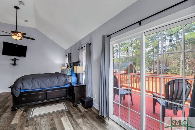 bedroom featuring vaulted ceiling, ceiling fan, and dark wood-type flooring