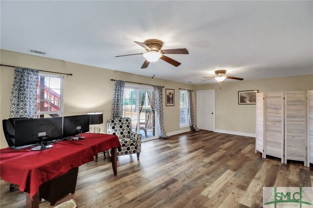 playroom with hardwood / wood-style floors, ceiling fan, and billiards