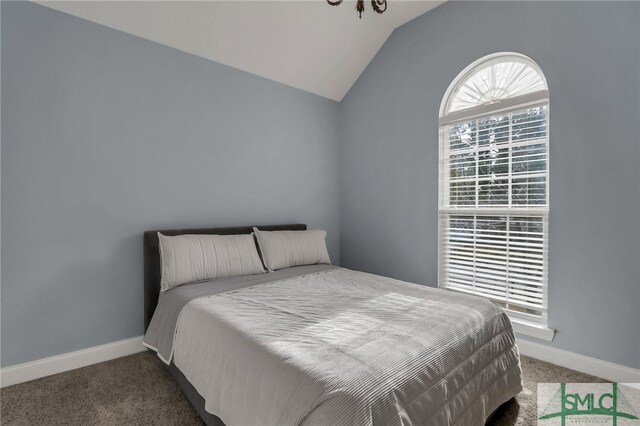 bedroom featuring dark carpet and vaulted ceiling