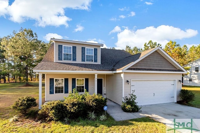 view of front of house featuring a porch, a garage, and a front lawn