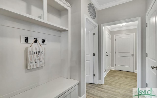 mudroom featuring light hardwood / wood-style floors and crown molding