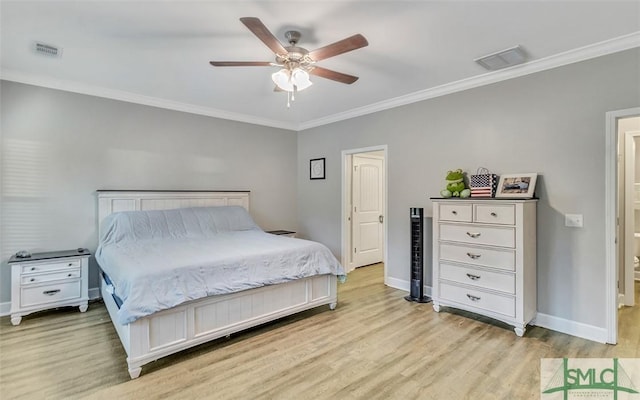 bedroom with ceiling fan, ornamental molding, and light wood-type flooring