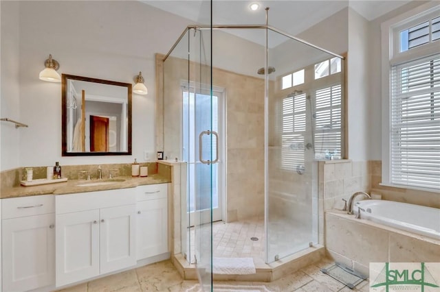 bathroom with vanity and plus walk in shower