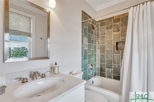 full bathroom featuring shower / bath combo, toilet, ornamental molding, and vanity