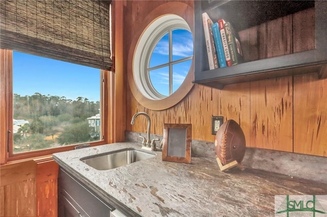 kitchen featuring light stone countertops, wood walls, and sink