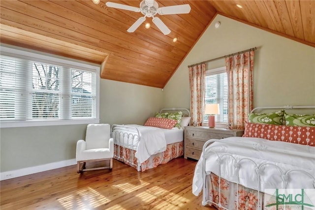 bedroom featuring lofted ceiling, light hardwood / wood-style floors, ceiling fan, and wooden ceiling