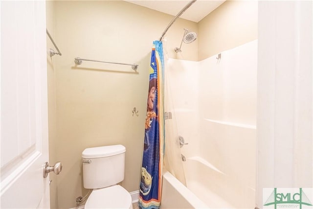 bathroom with toilet and shower / bathtub combination with curtain