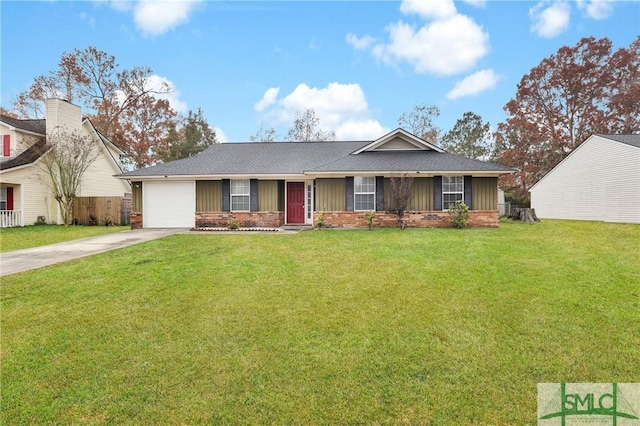 ranch-style home with a front lawn and a garage