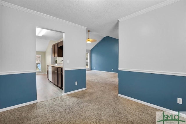 interior space with a textured ceiling, vaulted ceiling, and crown molding