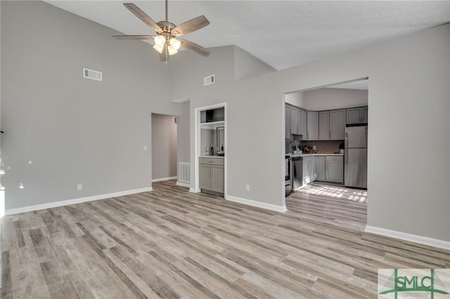 unfurnished living room with a textured ceiling, light hardwood / wood-style flooring, high vaulted ceiling, and ceiling fan