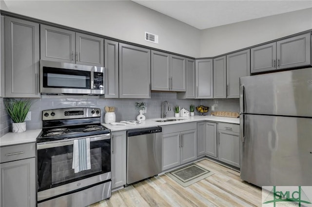 kitchen featuring gray cabinetry, sink, tasteful backsplash, appliances with stainless steel finishes, and light wood-type flooring