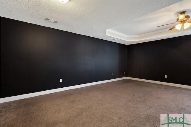 spare room with carpet flooring, ceiling fan, a raised ceiling, and a textured ceiling