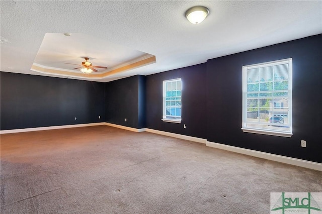 empty room featuring a raised ceiling, ceiling fan, and a healthy amount of sunlight