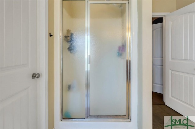 bathroom featuring tile patterned floors and a shower with shower door