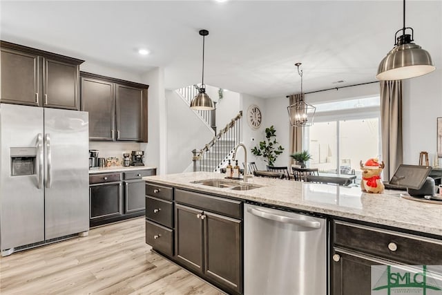 kitchen with sink, pendant lighting, dark brown cabinets, and appliances with stainless steel finishes