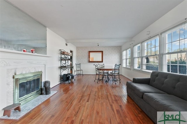 living room with a fireplace and wood-type flooring