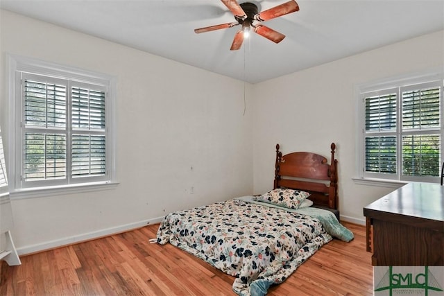 bedroom featuring ceiling fan and light wood-type flooring