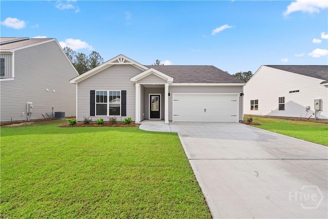 287 Timberlake Dr, Guyton, GA 31312 - view of front of property with an attached garage, driveway, a front yard, and central air condition unit