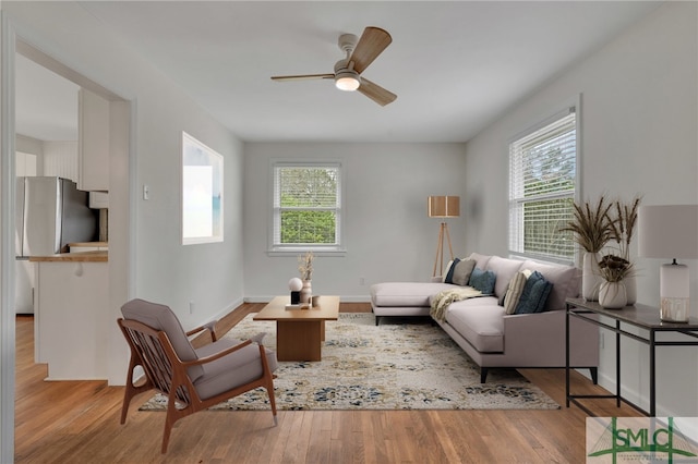 living room featuring plenty of natural light and light hardwood / wood-style floors