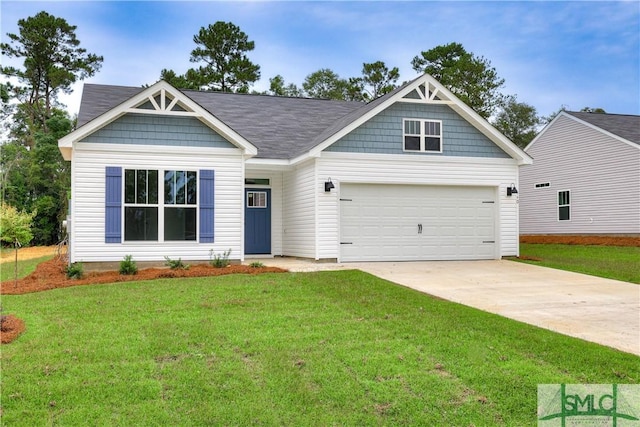 craftsman inspired home featuring a garage and a front lawn